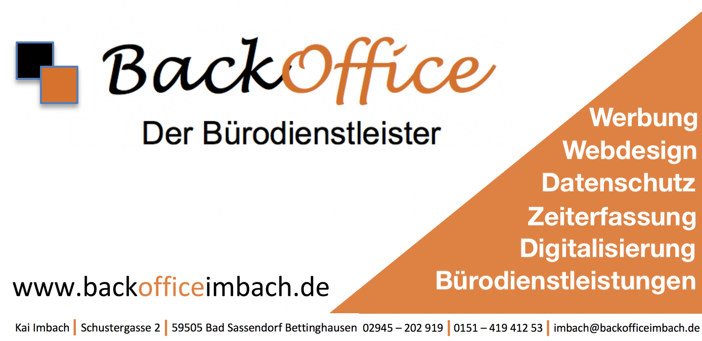 BackOffice Imbach Webdesign Bürodienstleistungen aller Art Kai Imbach Zeiterfassung Werbung Werbemittel Fototasse Aktensortierung Scandienstleister Digitalisierung Corporate Design Logoerstellung Logodesign Design Entwicklung Bad Sassendorf BackOfficeImbach www.backofficeimbach.de